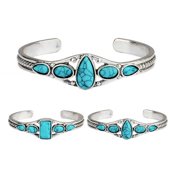 HEVIRGO 2PCS Alloy Bracelet Opening Carving Hollow Out Cuff Bracelet Vintage Turquoises Women Bangle Accessories Blue Jewelry