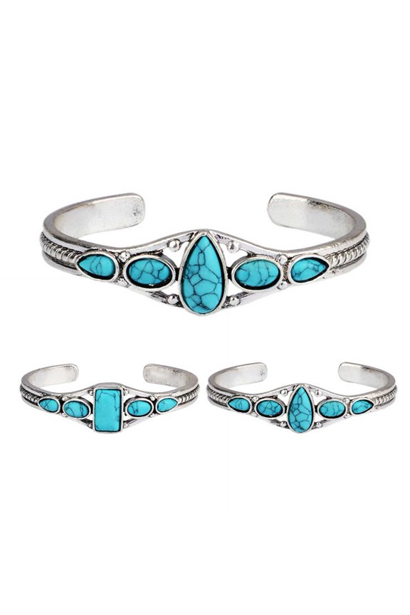 2PCS Alloy Bracelet Opening Carving Hollow Out Cuff Bracelet Vintage Turquoises Women Bangle Accessories Blue Jewelry