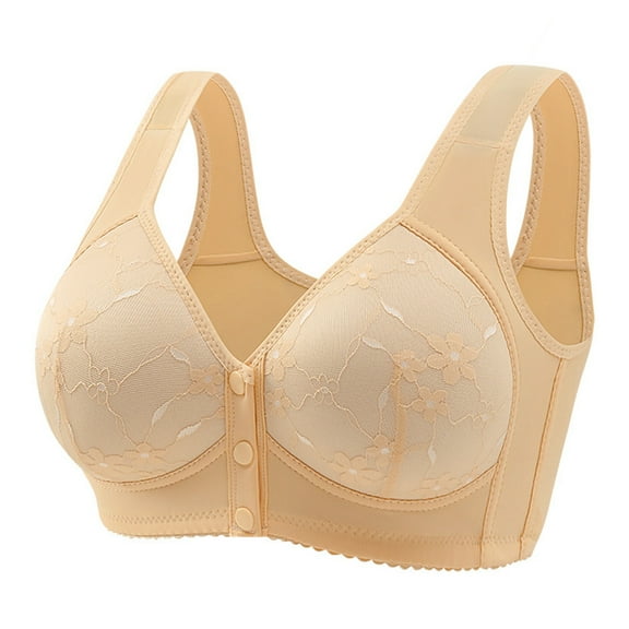 HEVIRGO 2PCS Mid-aged Female Bra Plus Size Elastic Front Button Closure Floral Lace Shockproof Push-up Anti-snagging Wireless Mother Daily Bra,Apricot,42C