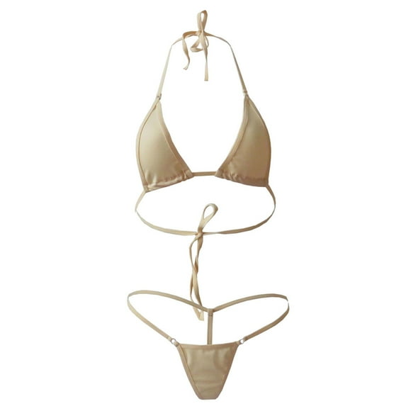 HEVIRGO 2Pcs Lady Solid Color Halter Mini Bra G-String Bikini Set Swimwear Swimsuit