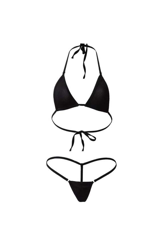 2Pcs Lady Solid Color Halter Mini Bra G-String Bikini Set Swimwear Swimsuit