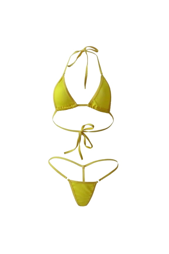 2Pcs Lady Solid Color Halter Mini Bra G-String Bikini Set Swimwear Swimsuit