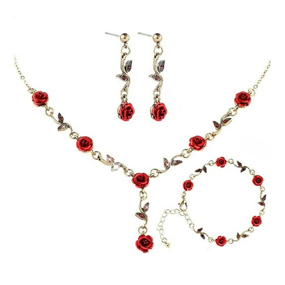 HEVIRGO 3 Pcs/Set Red Rose Jewelry Set Floral Theme Romance Vintage France Style Valentines Day Mothers Day Present Earrings Adjustable Necklace Bracelet Prom Banquet Jewelry