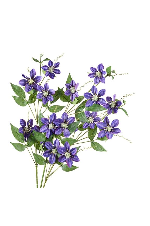 4PCS Artificial Clematis Branch with Stem Green Leaves Home Wedding Party Faux Flower Floral Arrangement Indoor Outdoor Garden Decoration Photo Props,Dark Purple