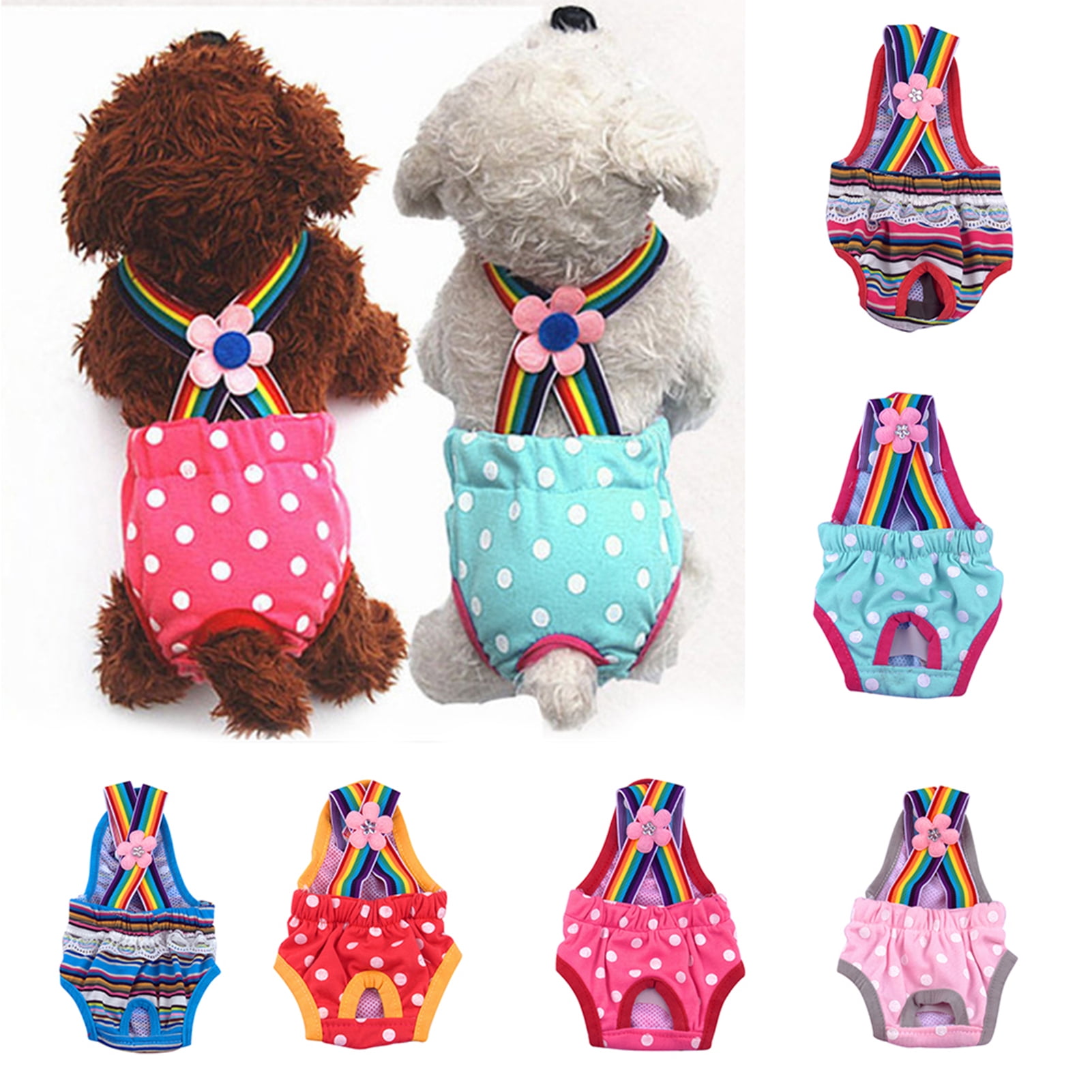 HEVIRGO 4PCS Female Dog Diaper Cute Washable Polka Dot Striped Sanitary Diaper Pet Physiological Pants for Home,Polka Dot Pink,S