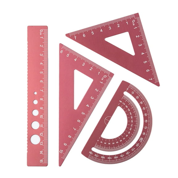 HEVIRGO 4Pcs/Set Multifunctional Ruler Eye-catching Metal Widely Usage Scale Triangular Ruler Kit for Students Red Metal