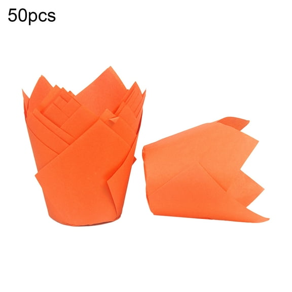 HEVIRGO 50Pcs Tulip Flower Shape Muffin Cup Disposable Paper Holiday Party Cupcake Liner Kitchen Tools Orange Paper