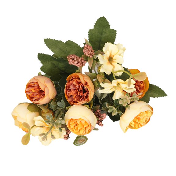 HEVIRGO 7PCS Artificial Rose 5 Forks with Stem No Watering Non-withering Realistic Wedding Decor Faux Flower Branch Home Supplies,Yellow