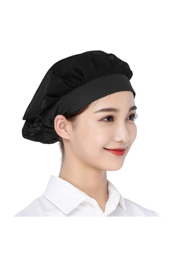 HEVIRGO 7PCS Chef Hat Unisex Kitchen Hat Hotel Restaurant Cook Cap Good Breathability Hollow Mesh Solid Color Waiter Chef Work Cap Workshop Factory Hat,Black,One Size