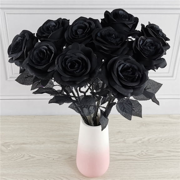 HEVIRGO Artificial Flowers for Decoration 10Pcs Decroative Faux Rose Everlasting High Simulation Relastic Black Flower Ornament for Home,Black