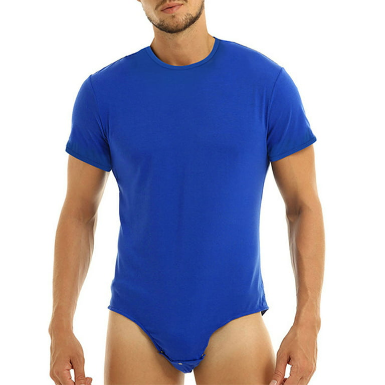 HEVIRGO Bodysuit Pajamas Bodybuilding Short Sleeve Solid Color Crew Neck  Men One Piece Underwear Romper for Home,Blue XL