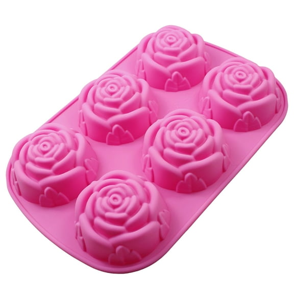 HEVIRGO Cake Mold 3D Reusable 6-Cavity Non-stick Rose Flower Shape Fondant Mould for Kitchen Pink Silicone