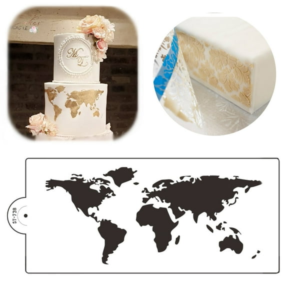 HEVIRGO Cake Stencil, Cake Stencil World Map Pattern Bakeware PET Cookies Fondant Cutting Die for Bakery