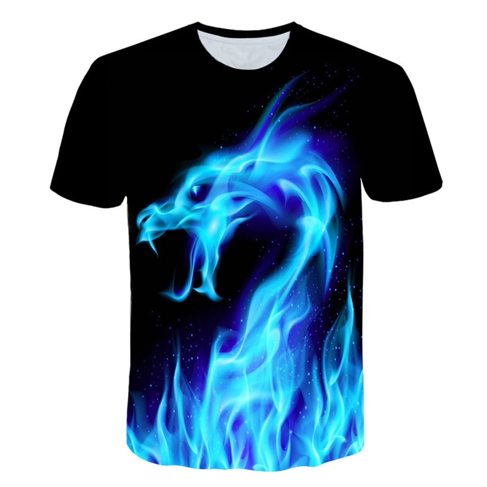 HEVIRGO Cool Men 3D Blue Flame Dragon Print Black Bottom Summer T-shirt