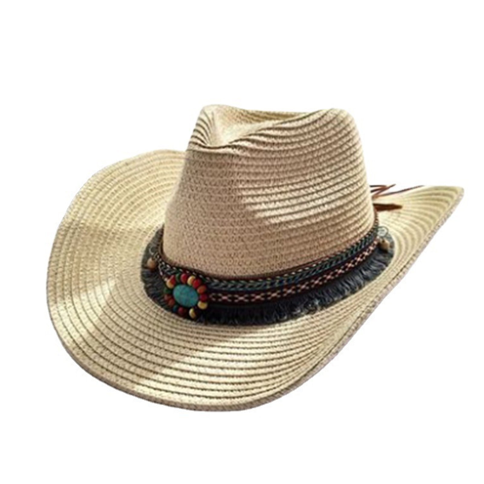 HEVIRGO Cowboy Hat Classic Vintage Braided Curled Edge Wide Brim Men Sun  Hat Outdoor Hat Beige Straw