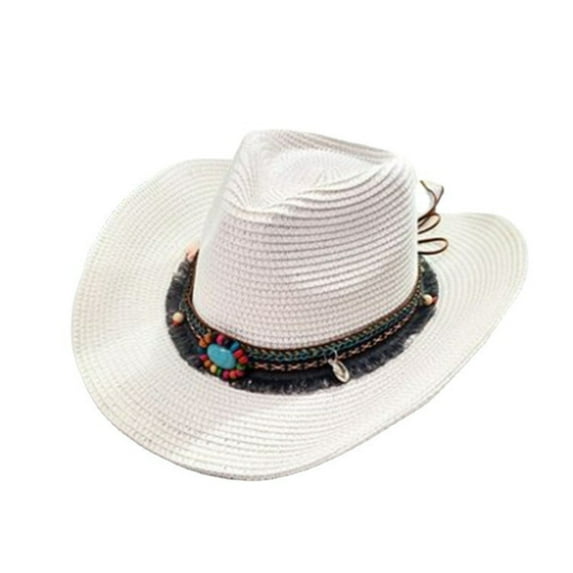 HEVIRGO Cowboy Hat Classic Vintage Braided Curled Edge Wide Brim Men Sun Hat Outdoor Hat White Straw