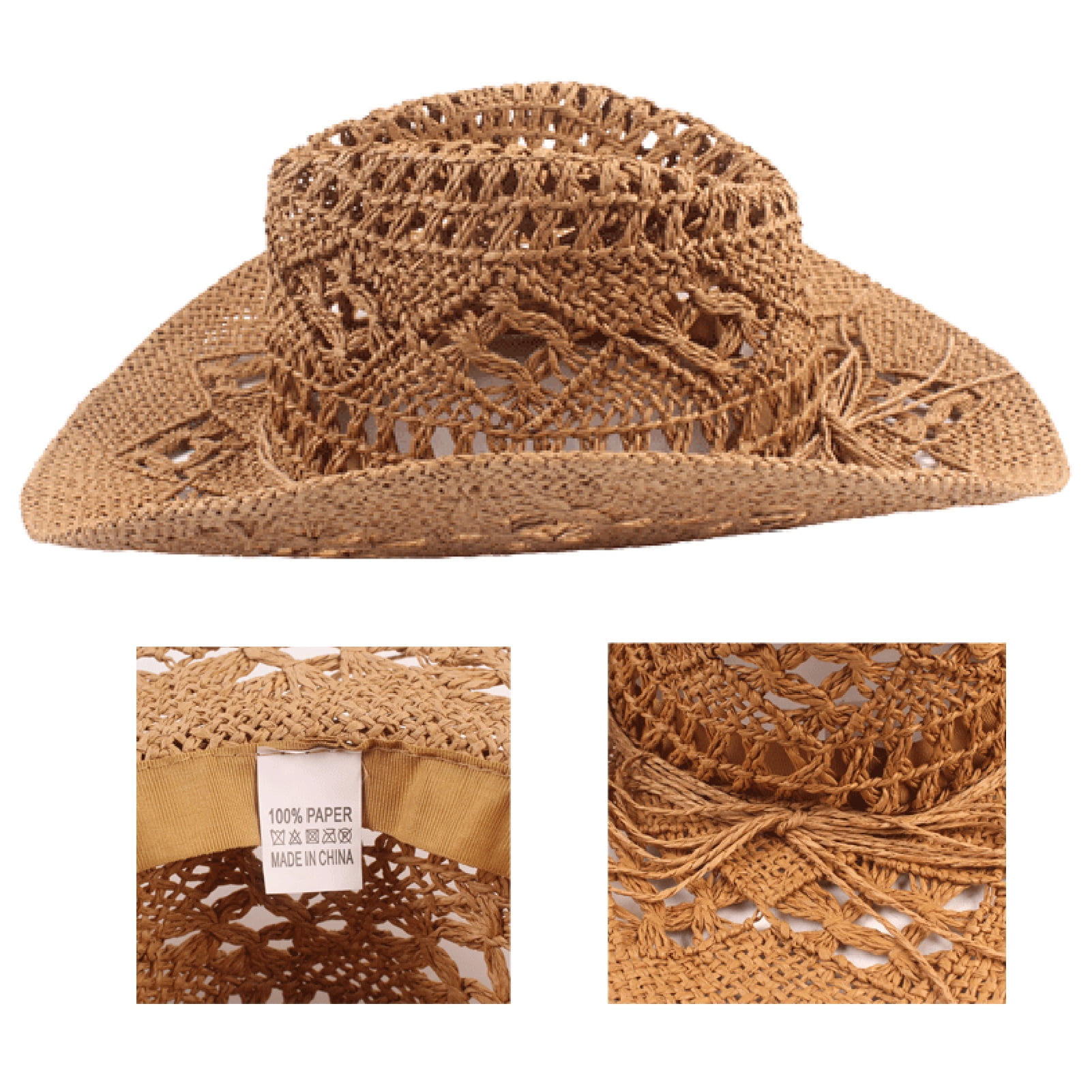 HEVIRGO Cowboy Hat Classic Vintage Hollow Out Unisex Curled Edge Wide Brim  Men Sun Hat Fishing Hat