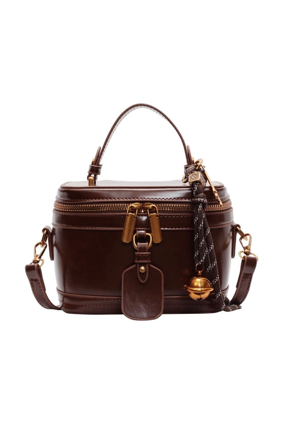 Crossbody Bag Bucket Shape Faux Leather Bell Rope Decor Handbag Vintage Zipper Closure Smooth Surface Shoulder Bag for Work Party Travel