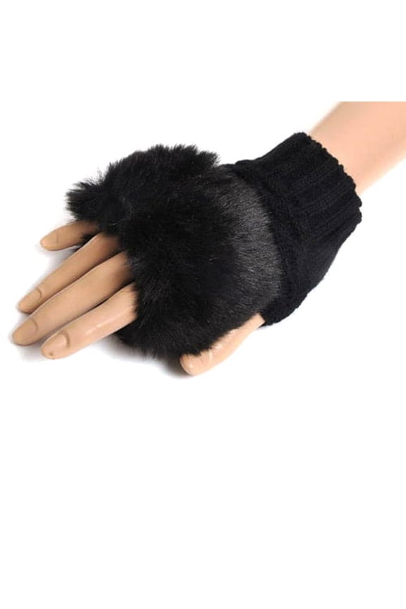 Fashion Women Faux Rabbit Fur Hand Wrist Warmer Winter Fingerless Knitted Gloves(Black)