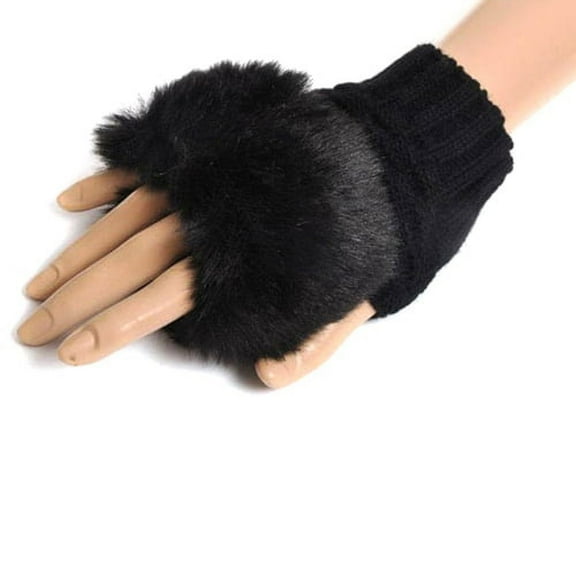 HEVIRGO Fashion Women Faux Rabbit Fur Hand Wrist Warmer Winter Fingerless Knitted Gloves(Black)