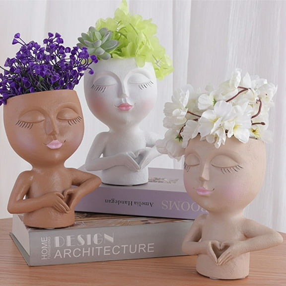 HEVIRGO Flower Pot with Drainage Hole Closed Eyes Love Gesture Resin Women Face Plant Pot Indoor Outdoor Succulents Head Planter