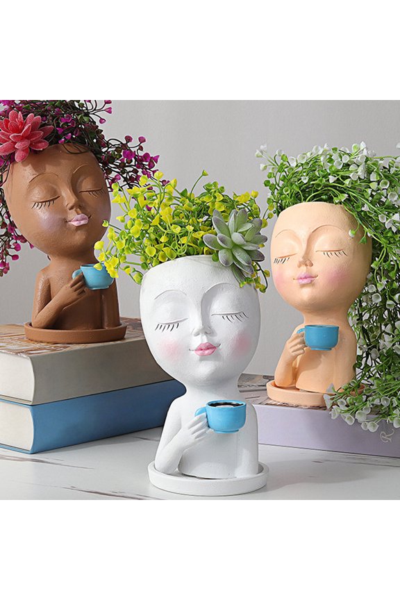 Flower Vase Lovely Large Capacity Reusable Resin Coffee Girl Plant Holder Household Supplies