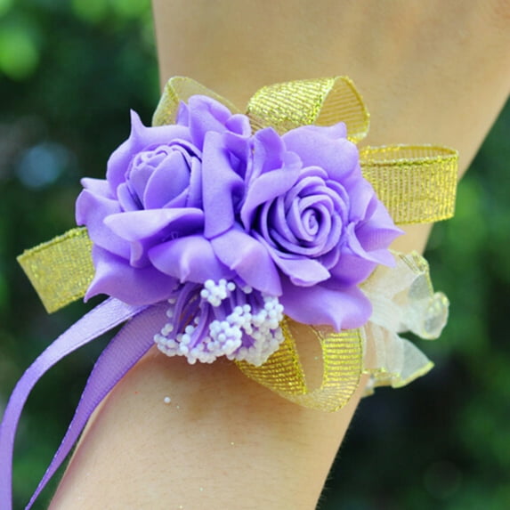 HEVIRGO Foam Rose Flowers Bridal Bridesmaid Wrist Corsage Wedding Party Ribbon Bracelet Purple Foam Ribbon Elastic Wrist Band F