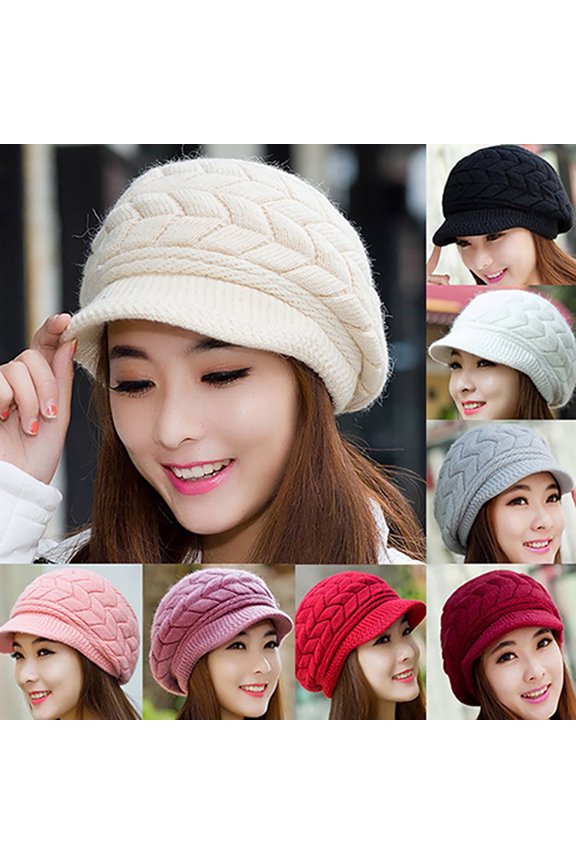 Knitted Hat Warm Flat Brim Shape Faux Rabbit Fur Fashion Women Cold Hat for Cold Weather Faux Rabbit Fur