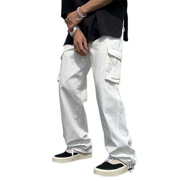 HEVIRGO Men Cargo Pants Solid Color Hip-hop Style Loose Pattern Multi  Pockets Elastic Waist Men Trousers Daily Clothes