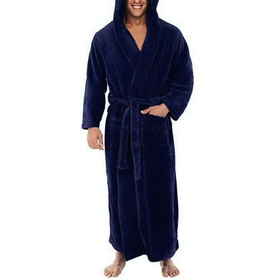 HEVIRGO Men Soft Coral Fleece Solid Color Pockets Long Bath Robe Home Gown Sleepwear,Dark Blue# XXL