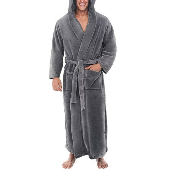 HEVIRGO Men Soft Coral Fleece Solid Color Pockets Long Bath Robe Home Gown Sleepwear,Grey L