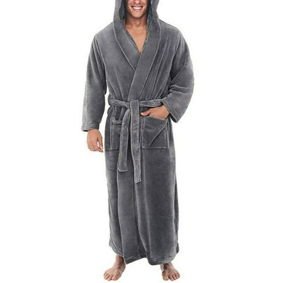 HEVIRGO Men Soft Coral Fleece Solid Color Pockets Long Bath Robe Home Gown Sleepwear,Grey XXXL