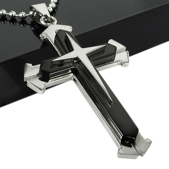 HEVIRGO Men's Fashion Cross Pendant Stainless Steel Chain Necklace Jewelry Charm Gift(Black)