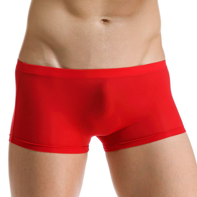 HEVIRGO Men's Solid Color Seamless Boxer Briefs See-through U Convex Underwear  Shorts,Red 2XL 