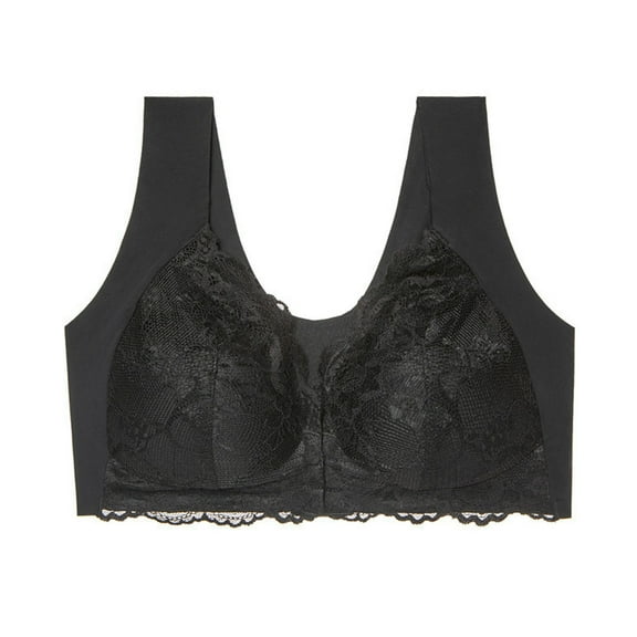 HEVIRGO Mid-aged Women Bra Front Closure Seamless Lace Wide Shoulder Strap Bra Floral Embroidery 3/4 Cup Push-up Plus Size Daily Sport Bra