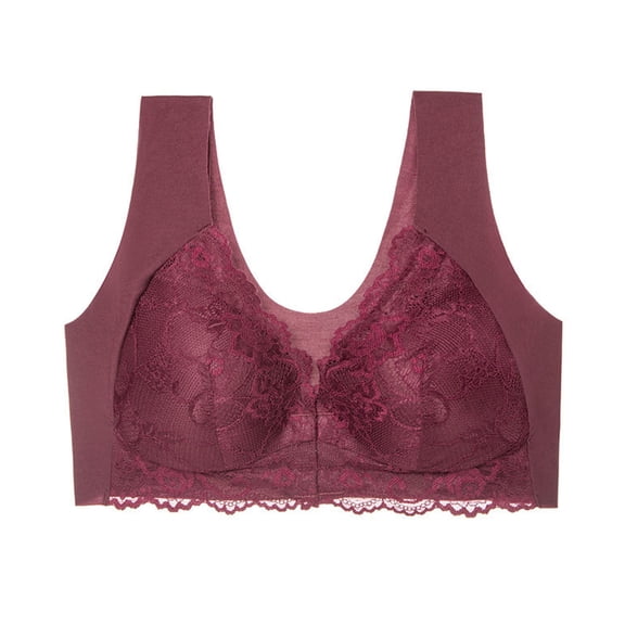 HEVIRGO Mid-aged Women Bra Front Closure Seamless Lace Wide Shoulder Strap Bra Floral Embroidery 3/4 Cup Push-up Plus Size Daily Sport Bra