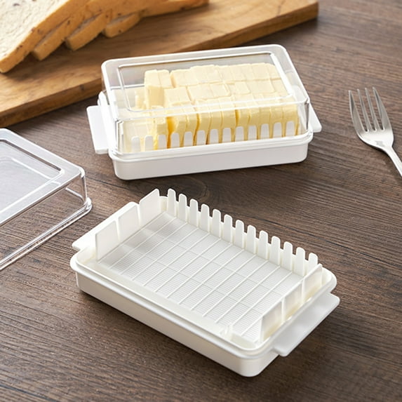 HEVIRGO Plastic Butter Cutting Box, Storage Box,Transparent Cheese Cutter Slicer Keeper Tray Container with Lid, White