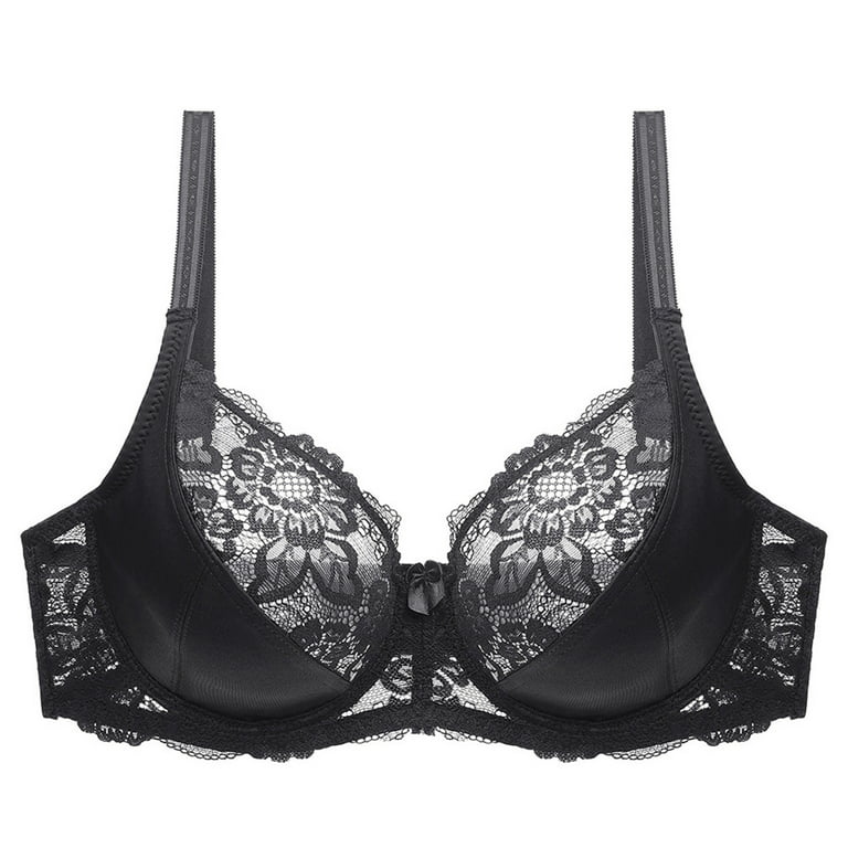 HEVIRGO Plus Size Women See-through Breathable Lace Flower Push Up Bra  Underwear,Black 44C