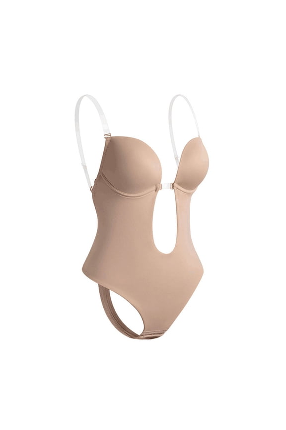 Removal Invisible Shoulder Straps Body Shaper U-shape Backless Deep V-neck Bodysuit Bra Shapewear for Inside Wear,Skin Color 2XL