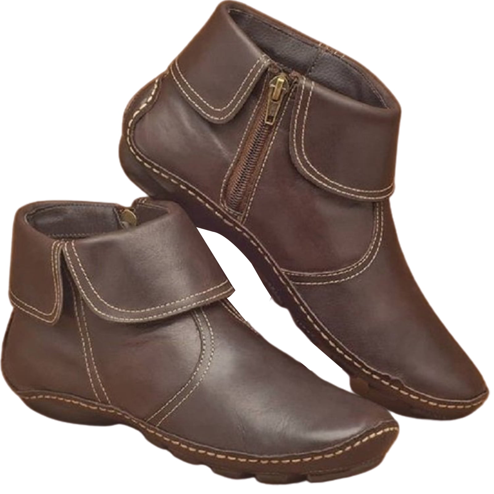Hevirgo Retro Women Walking Arch Support Boots Faux Leather Zip Flat Ankle Booties Shoes Women s Size 40 Brown