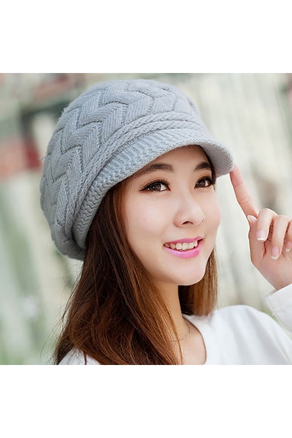 Ribbed Knitted Hat Warm Flat Brim Shape Faux Rabbit Fur Fashion Women Cold Hat for Cold Weather, Beige