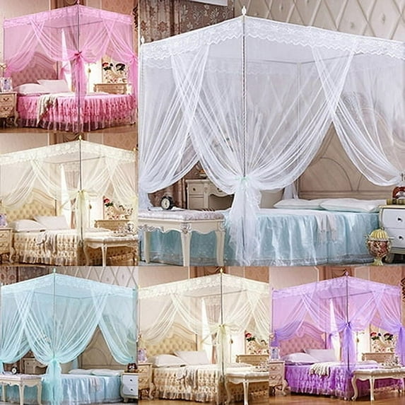 HEVIRGO Romantic Princess Square Lace Bed Canopy Mosquito Net for Twin Full Queen King Size Bed, Three Side Openings Easy Installation No Frame