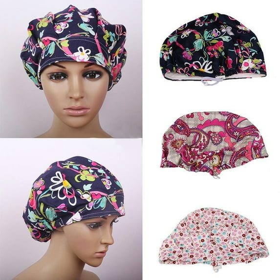 HEVIRGO Scrub Cap Floral Print Breathable Cotton Adjustable Bouffant Hat for Beautician Cotton