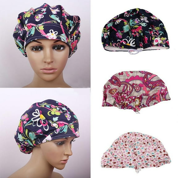 HEVIRGO Scrub Cap Floral Print Breathable Cotton Adjustable Bouffant Hat for Beautician Cotton