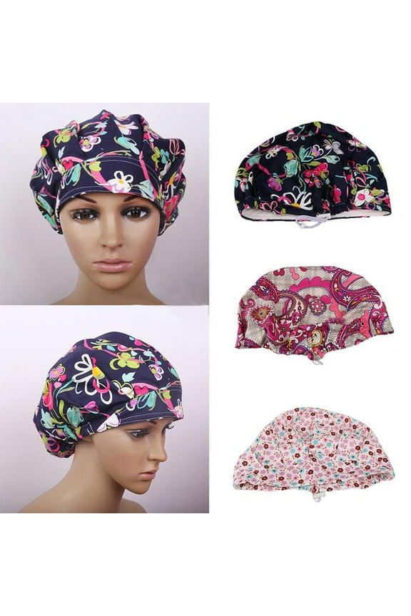 Scrub Cap Floral Print Breathable Cotton Adjustable Bouffant Hat for Beautician Cotton