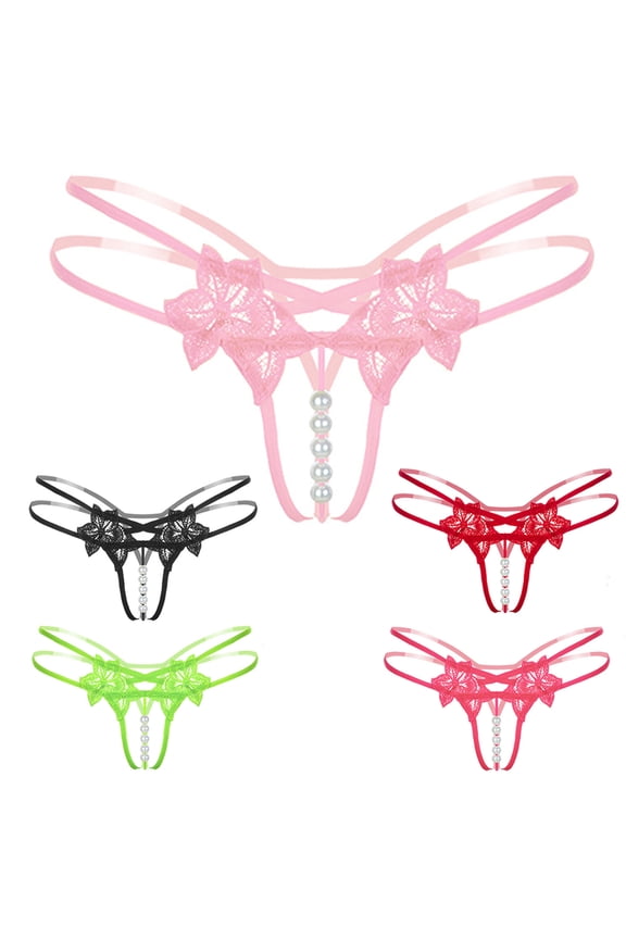Sexy G-String Floral Lace Strap Thong Imitation Pearl Women Honeymoon Underwear