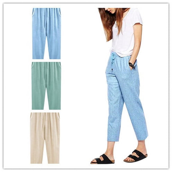 HEVIRGO Solid Color Cotton Linen Cropped Pants,3 Pack Loose Women Drawstring Harem Trousers