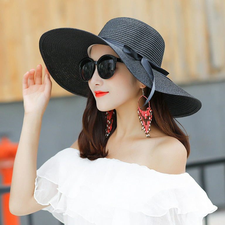 HEVIRGO Straw Hat, Foldable Women Summer Wide Brim Floppy Straw Ribbon Bow  Sun Hat Beach Bucket Cap, Blue, Ladies Sun Hat