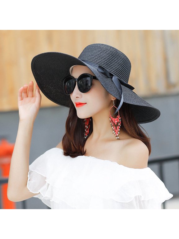 Straw Hat, Foldable Women Summer Wide Brim Floppy Straw Ribbon Bow Sun Hat Beach Bucket Cap, White