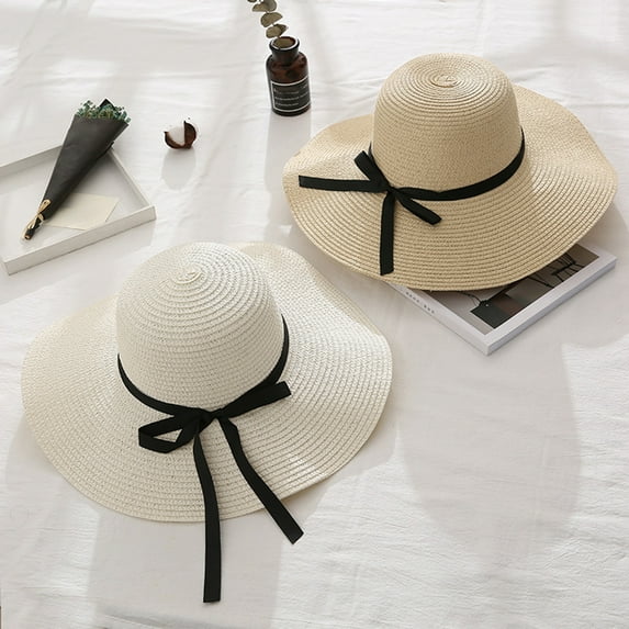 HEVIRGO Straw Hat Women Summer Travel Beach UV Bowknot Wide Brim Straw Hat Sun Cap White